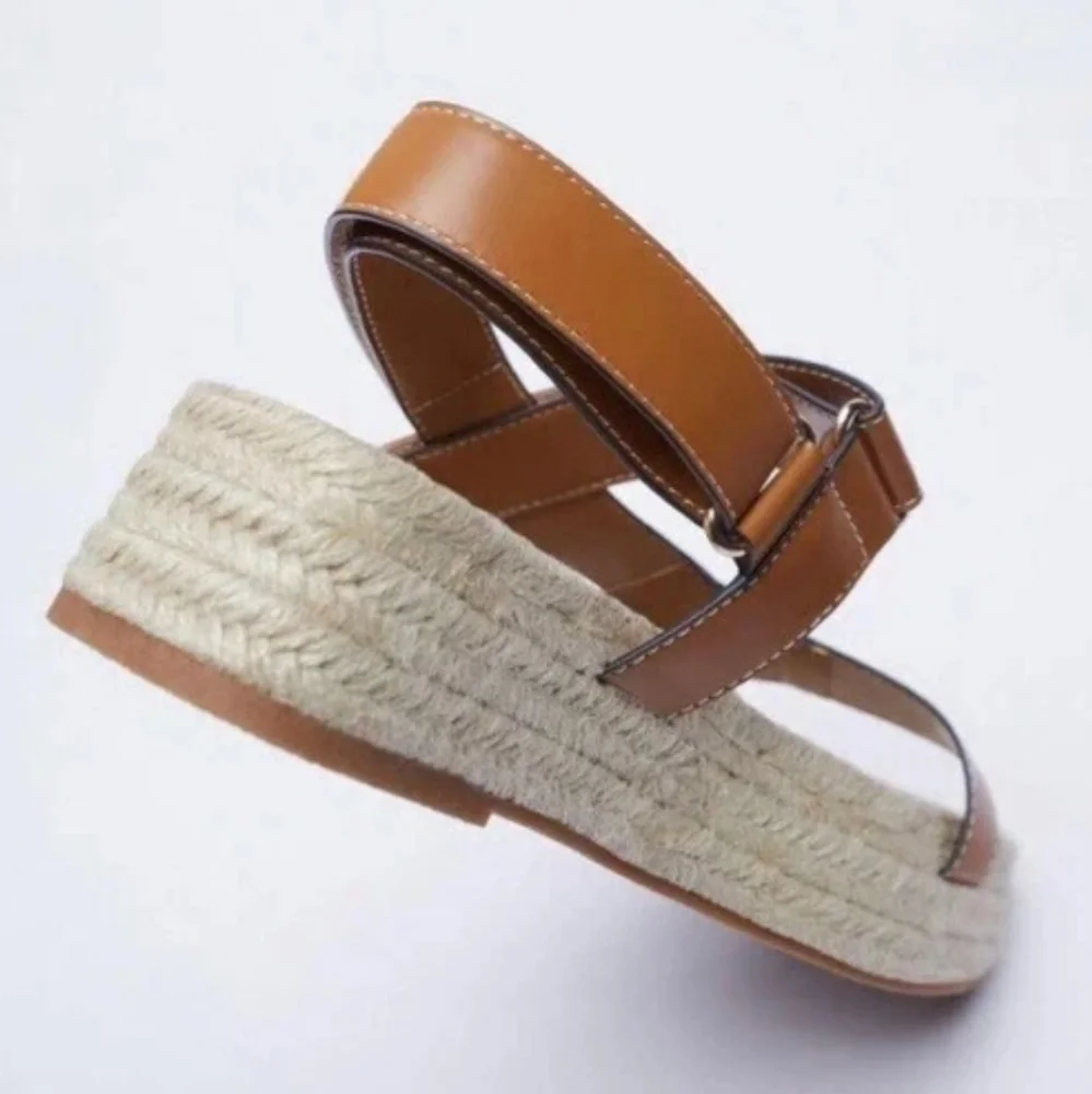 ZARA Women's Tan Jute Faux Leather Slingback Strappy Platform Sandals Brown 39 - Picture 4 of 13